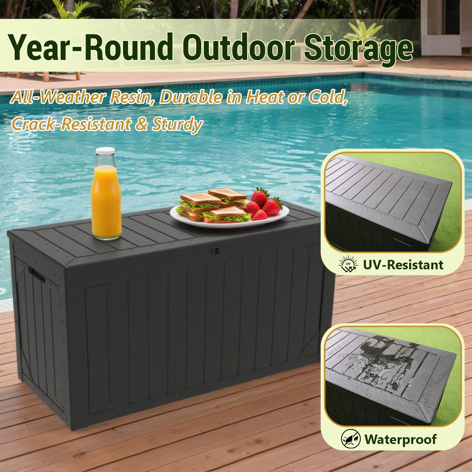 100 Gallon Large Deck Boxes Outdoor Waterproof, Lockable Patio Storage Box for Furniture,Pool Float, Garden Tools, Waterproof Outdoor Storage Cabinet, UV Resistant, Black