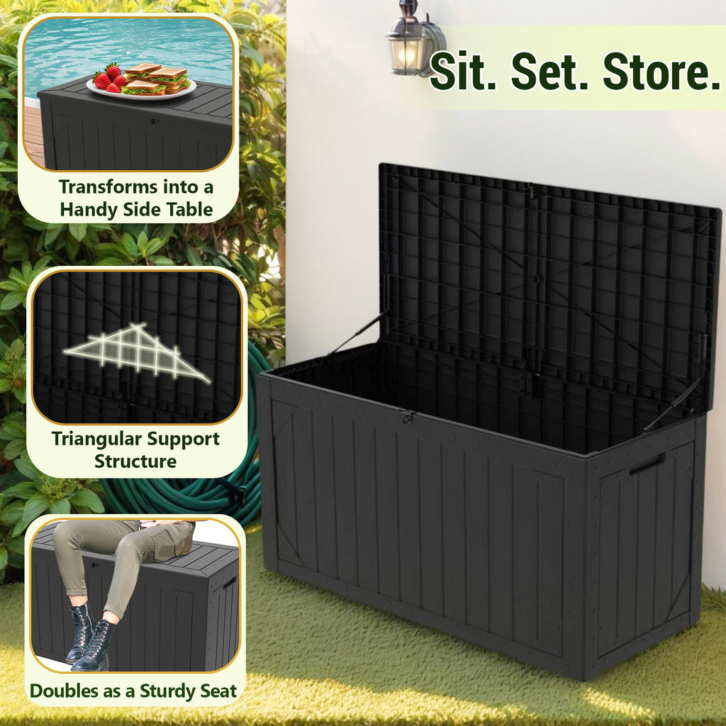 100 Gallon Large Deck Boxes Outdoor Waterproof, Lockable Patio Storage Box for Furniture,Pool Float, Garden Tools, Waterproof Outdoor Storage Cabinet, UV Resistant, Black