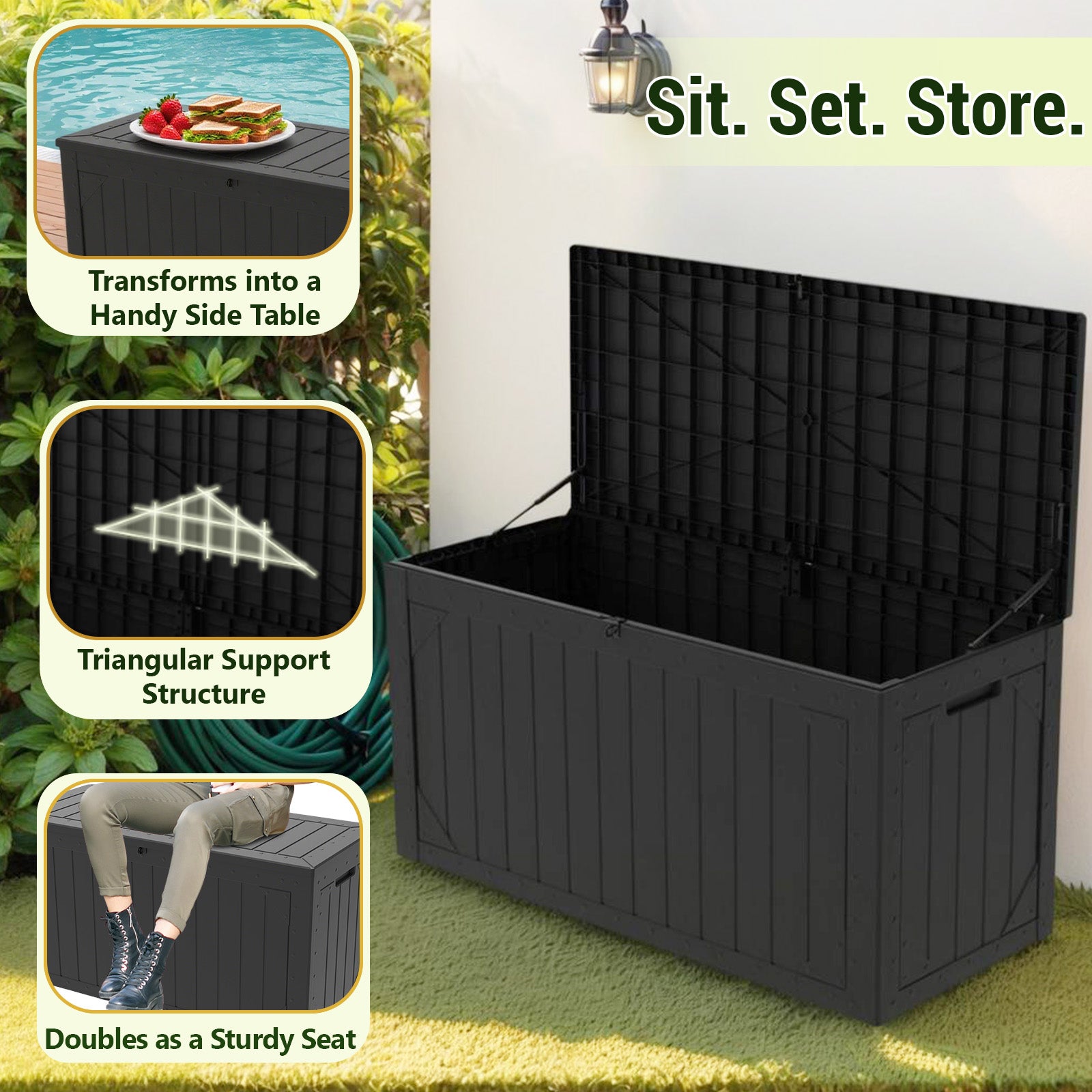 100 Gallon Large Deck Boxes Outdoor Waterproof, Lockable Patio Storage Box for Furniture,Pool Float, Garden Tools, Waterproof Outdoor Storage Cabinet, UV Resistant, Black