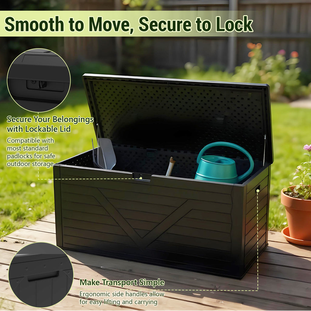 260 Gallon Outdoor Storage Box, Large Resin Deck Boxes Outdoor Waterproof, Deck Storage Box for Patio Furniture Outdoor Cushions, Throw Pillows, Garden Tools and Pool Floats, Black