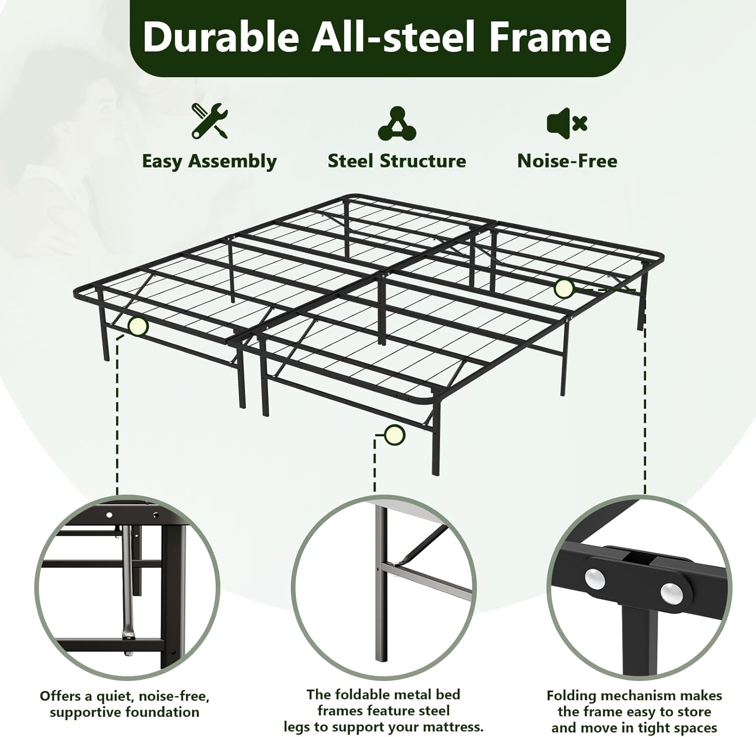 14 Inch Foldable Metal Platform Queen Bed Frame, Steel Slat Support, No Box Spring Needed, Easy Assembly, Under Bed Storage, Noise-Free, Black