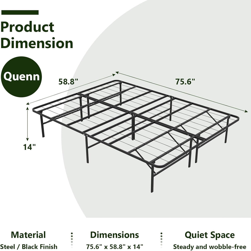 14 Inch Foldable Metal Platform Queen Bed Frame, Steel Slat Support, No Box Spring Needed, Easy Assembly, Under Bed Storage, Noise-Free, Black