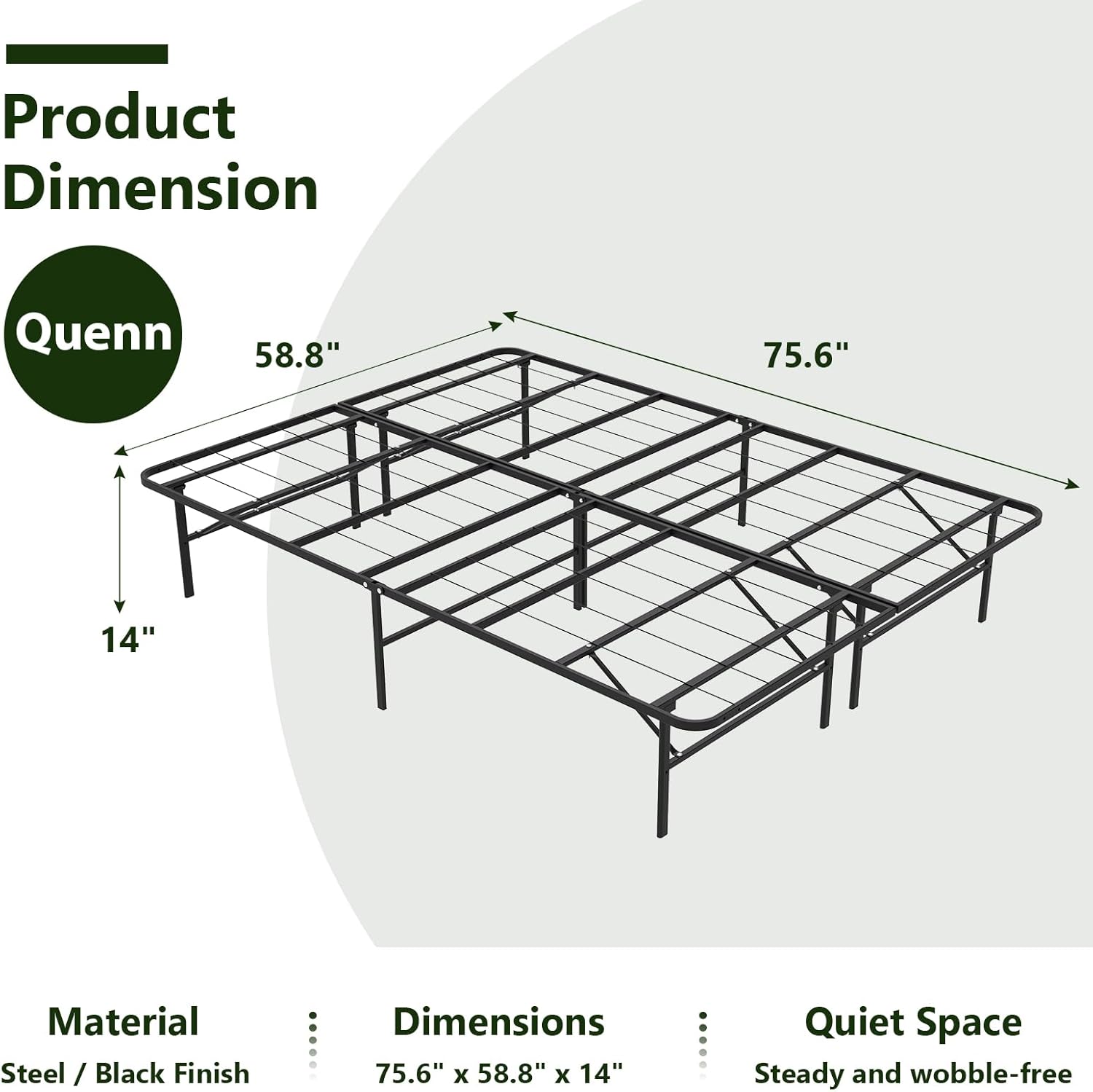 14 Inch Foldable Metal Platform Queen Bed Frame, Steel Slat Support, No Box Spring Needed, Easy Assembly, Under Bed Storage, Noise-Free, Black