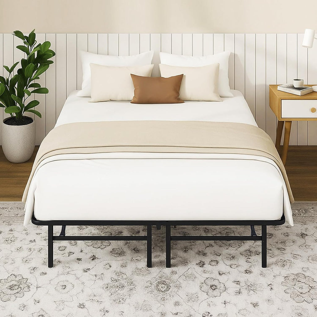 14 Inch Foldable Metal Platform Queen Bed Frame, Steel Slat Support, No Box Spring Needed, Easy Assembly, Under Bed Storage, Noise-Free, Black