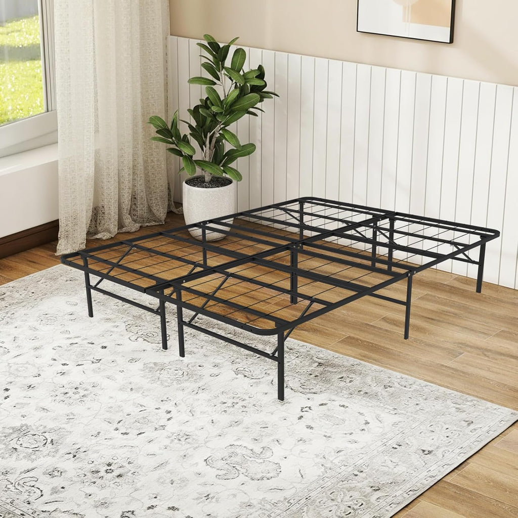 14 Inch Foldable Metal Platform Queen Bed Frame, Steel Slat Support, No Box Spring Needed, Easy Assembly, Under Bed Storage, Noise-Free, Black