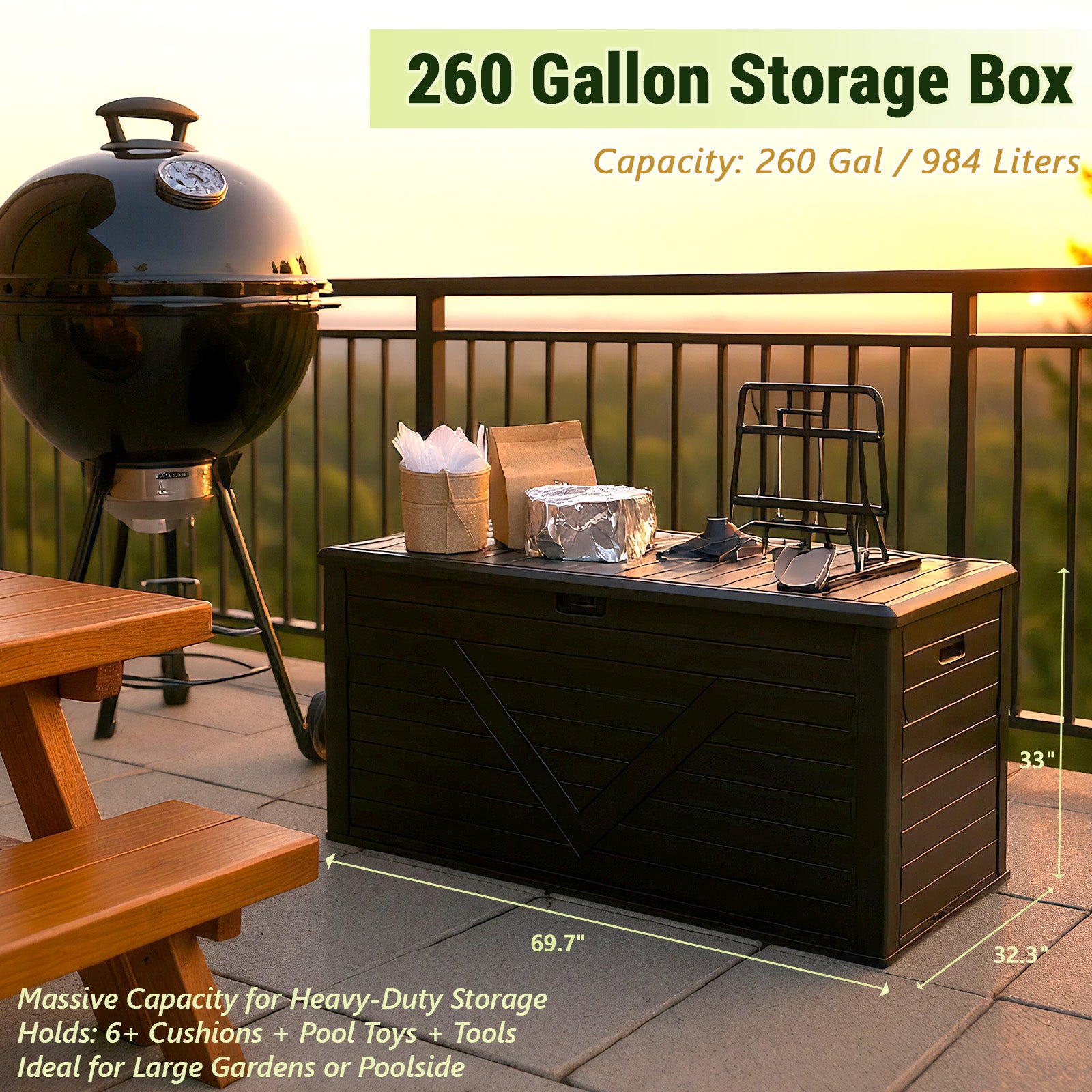 260 Gallon Outdoor Storage Box, Large Resin Deck Boxes Outdoor Waterproof, Deck Storage Box for Patio Furniture Outdoor Cushions, Throw Pillows, Garden Tools and Pool Floats, Black
