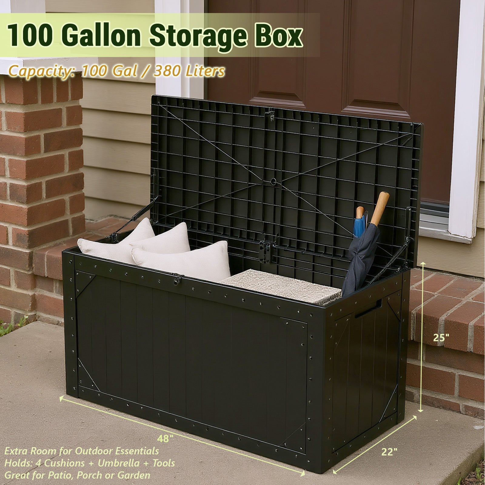 100 Gallon Large Deck Boxes Outdoor Waterproof, Lockable Patio Storage Box for Furniture,Pool Float, Garden Tools, Waterproof Outdoor Storage Cabinet, UV Resistant, Black