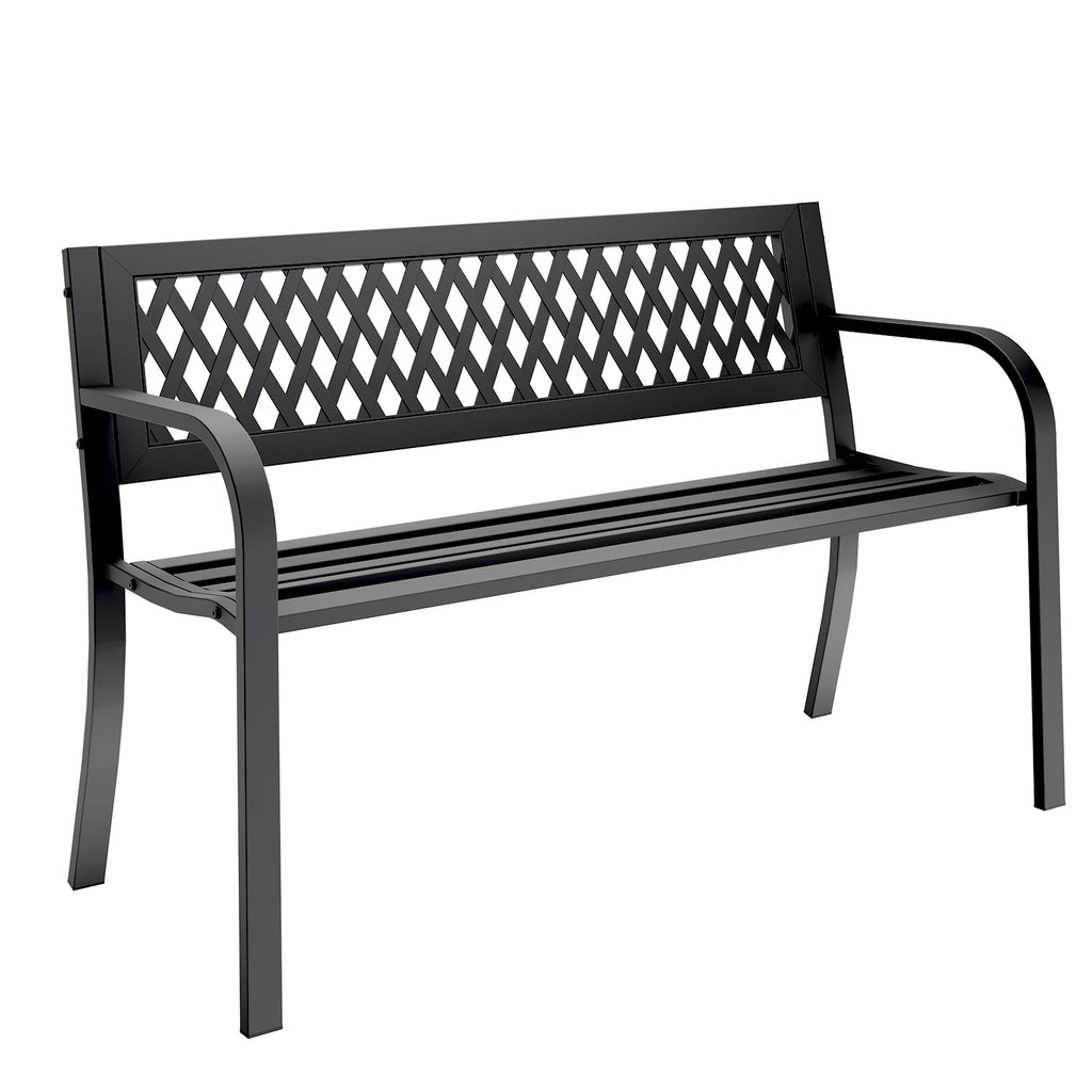 Outdoor Bench, Garden Patio Park Entryway Metal Bench with Comfortable Backrest, Sturdy Heavy Duty Loveseat Front Porch Backyard Lawn Furniture for Outside
