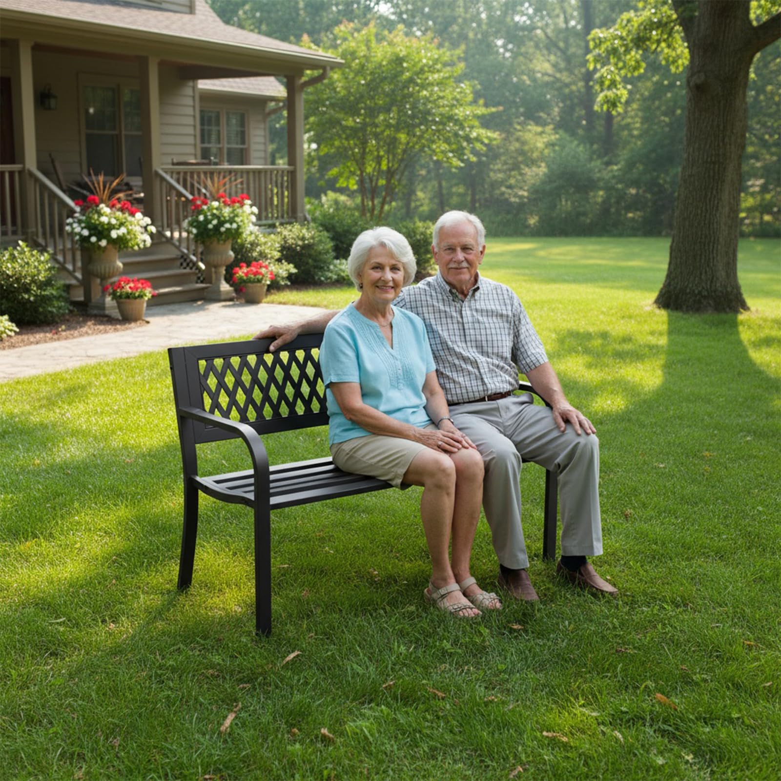 Outdoor Bench, Garden Patio Park Entryway Metal Bench with Comfortable Backrest, Sturdy Heavy Duty Loveseat Front Porch Backyard Lawn Furniture for Outside