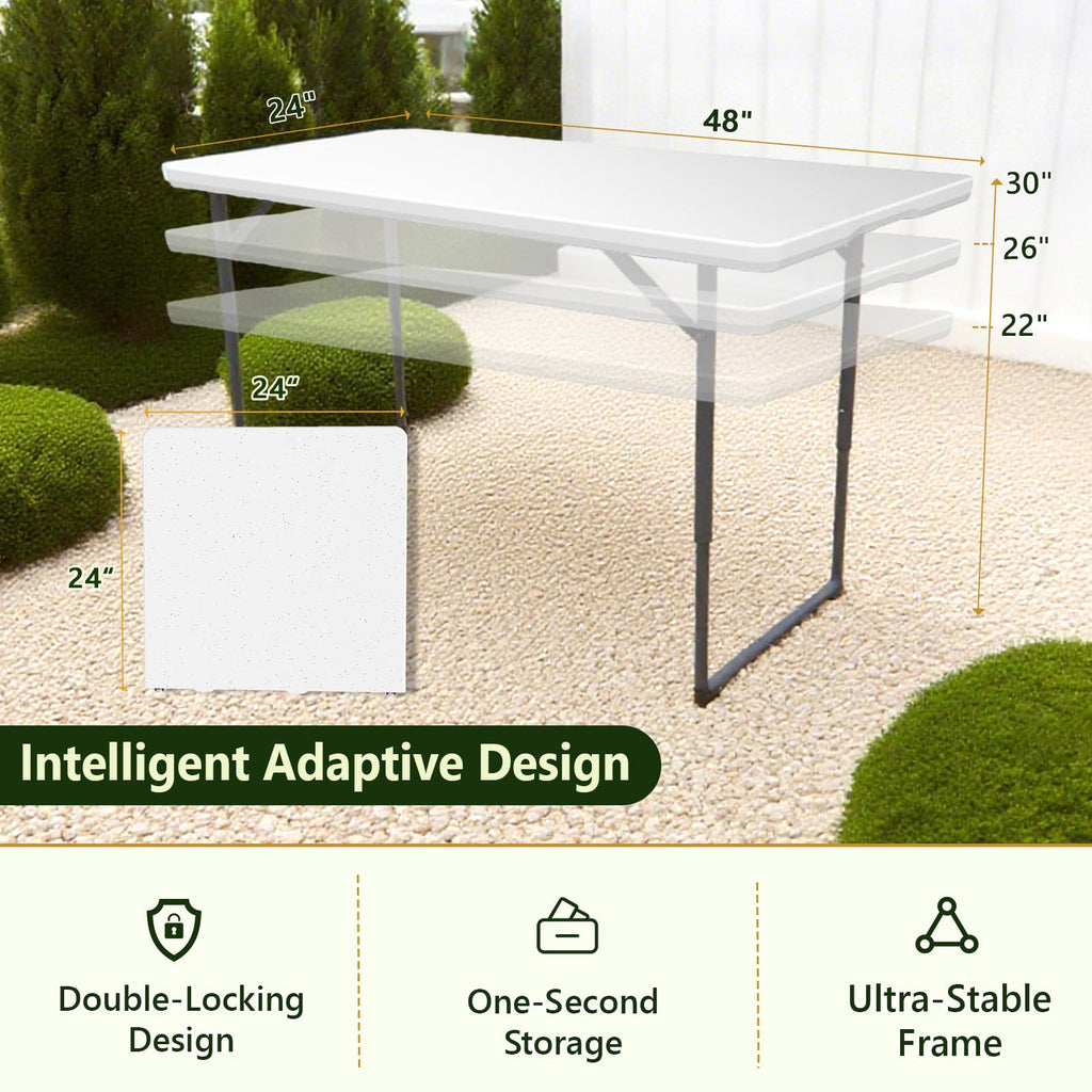 Folding Table 4ft - Heavy Duty Fold-in-Half Plastic Table with Adjustable Height, Portable Utility Tables with Steel Legs for Indoor, Outdoor, Picnic, Camping, Dining, Party (White)