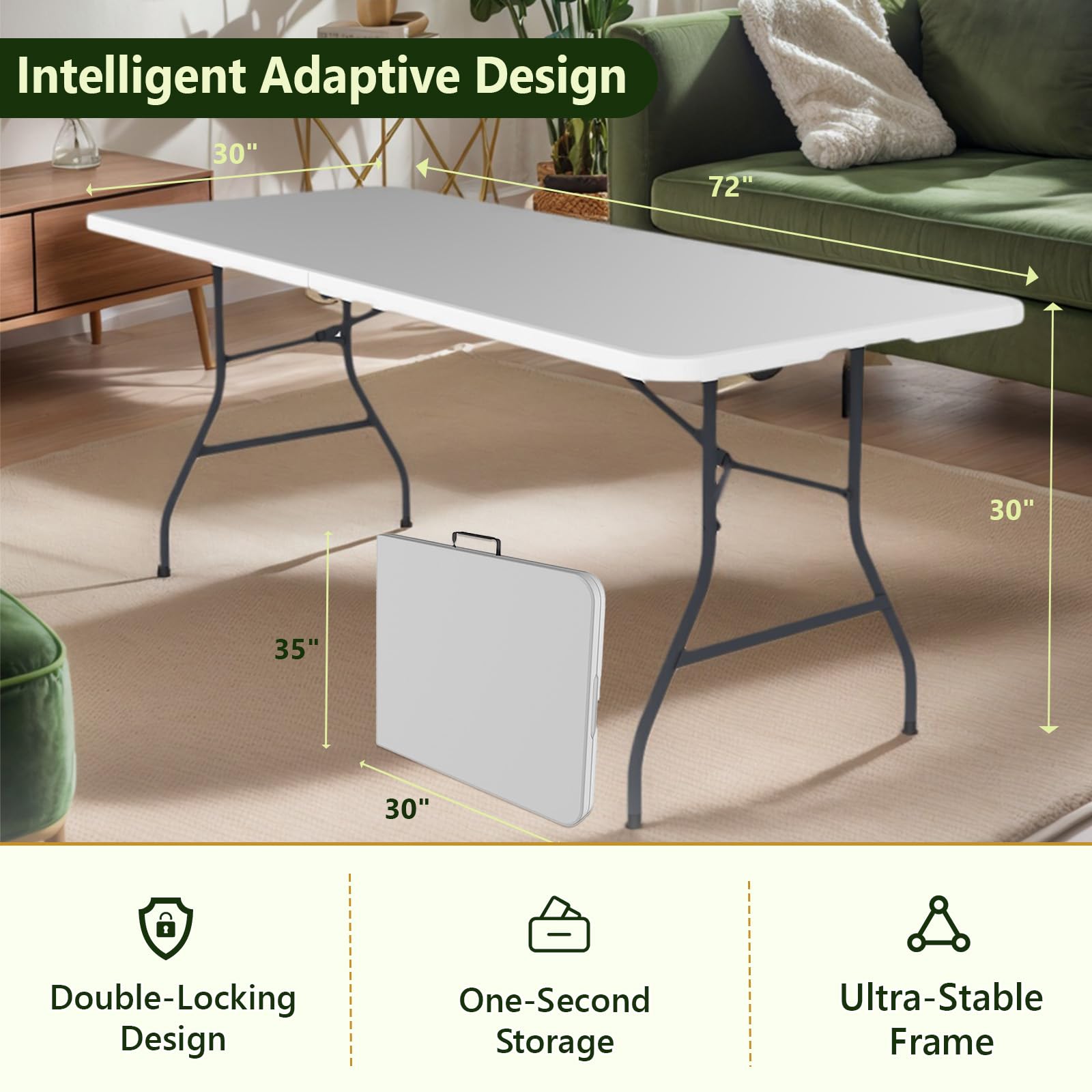 MAKE CHANGES Folding Table 6ft - Heavy Duty Plastic Table with Handle, Foldable & Portable, Fold-in-Half Utility Tables for Outdoor, Dining, Wedding, Events, Indoor, Picnic, Camping, Party (White)