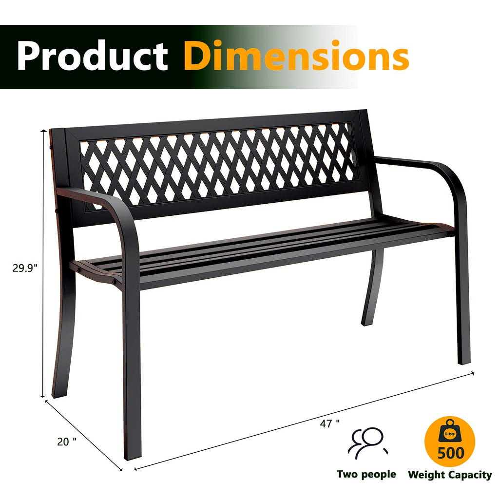 Outdoor Bench, Garden Patio Park Entryway Metal Bench with Comfortable Backrest, Sturdy Heavy Duty Loveseat Front Porch Backyard Lawn Furniture for Outside