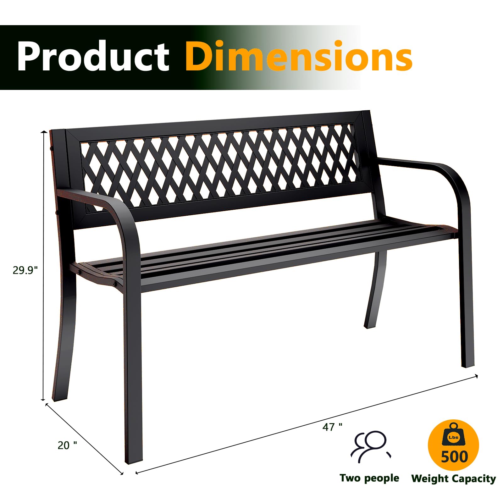 Outdoor Bench, Garden Patio Park Entryway Metal Bench with Comfortable Backrest, Sturdy Heavy Duty Loveseat Front Porch Backyard Lawn Furniture for Outside