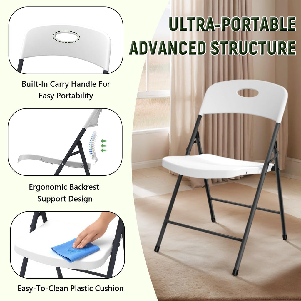 MAKE CHANGES Folding Chair 4 Pack, Outdoor Plastic Sturdy Metal White Folding Chairs for Outside Indoor, Portable 350 lbs Capacity Heavy Duty Foldable Commercial Seating for Picnic, Party, Patio