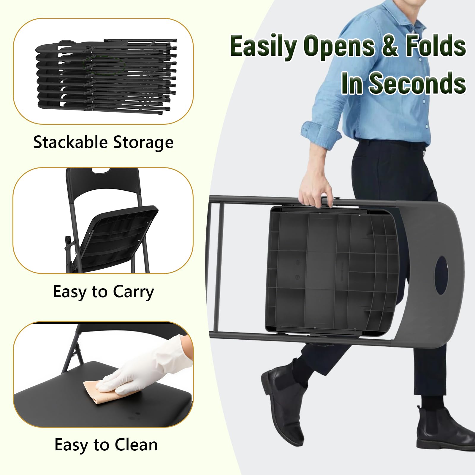 Folding Chair 4 Pack, Outdoor Plastic Sturdy Metal Folding Chairs for Outside Indoor, Portable 350 lbs Capacity Heavy Duty Foldable Commercial Seating for Picnic, Party, Patio, Office