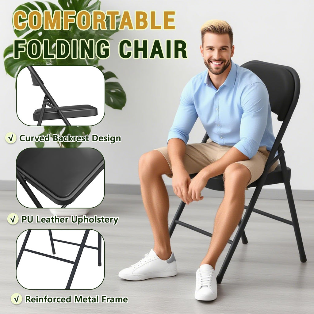 Folding Chair 4 Pack, Comfy PU Leather Padded Folding Chairs for Outside and Indoor, Heavy Duty Portable Foldable Metal Commercial Seat for Home Office, Dorm, Party, Backyard, Lawn, Patio