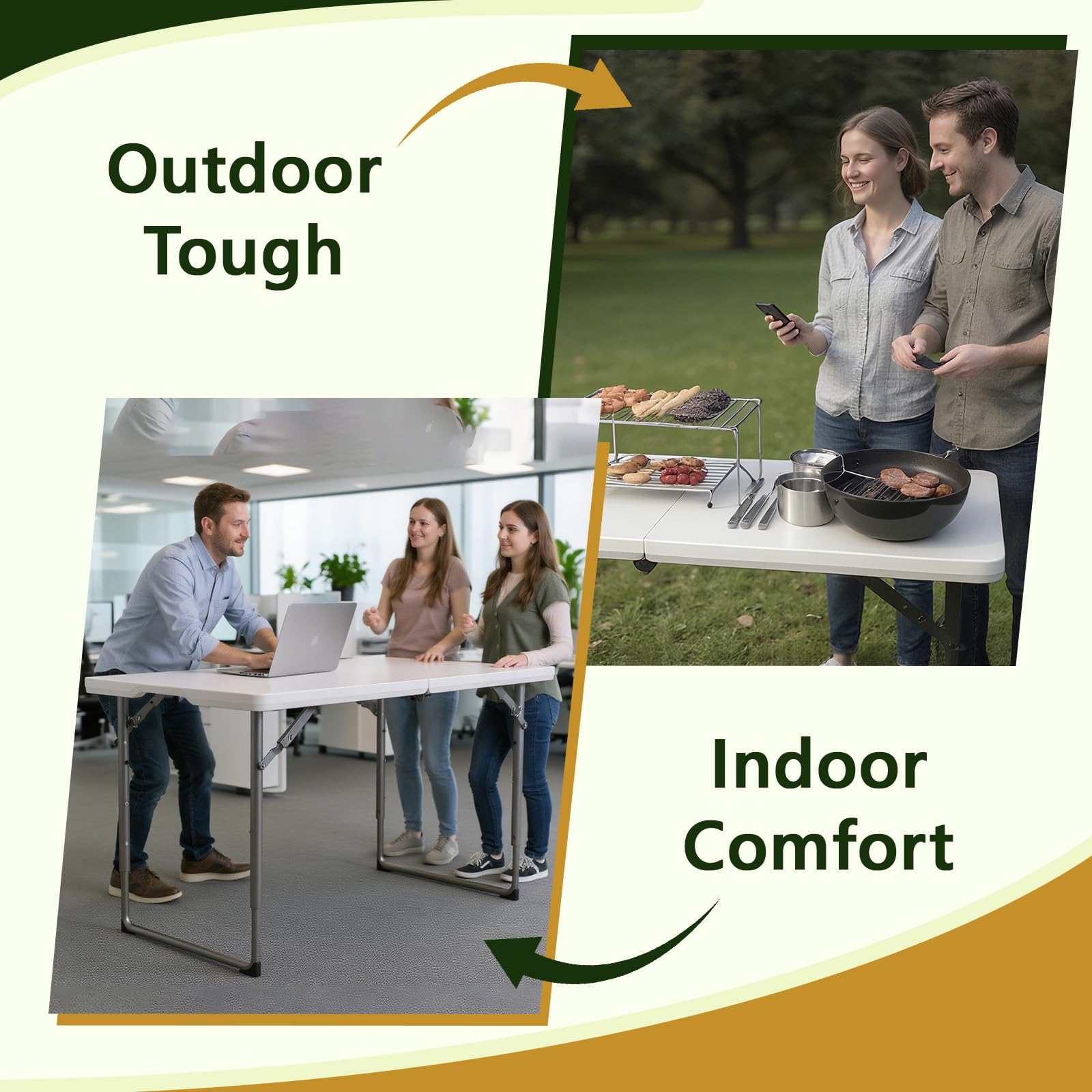 Folding Table 4ft - Heavy Duty Fold-in-Half Plastic Table with Adjustable Height, Portable Utility Tables with Steel Legs for Indoor, Outdoor, Picnic, Camping, Dining, Party (White)