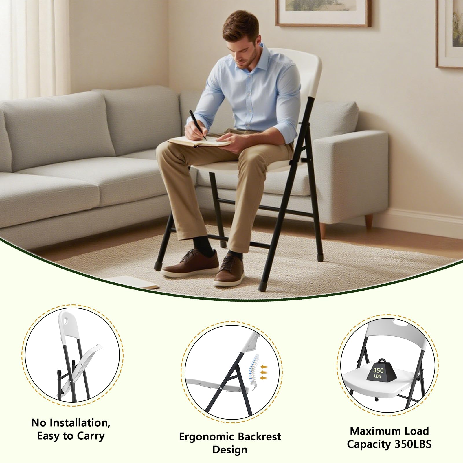 MAKE CHANGES Folding Chair 4 Pack, Outdoor Plastic Sturdy Metal White Folding Chairs for Outside Indoor, Portable 350 lbs Capacity Heavy Duty Foldable Commercial Seating for Picnic, Party, Patio