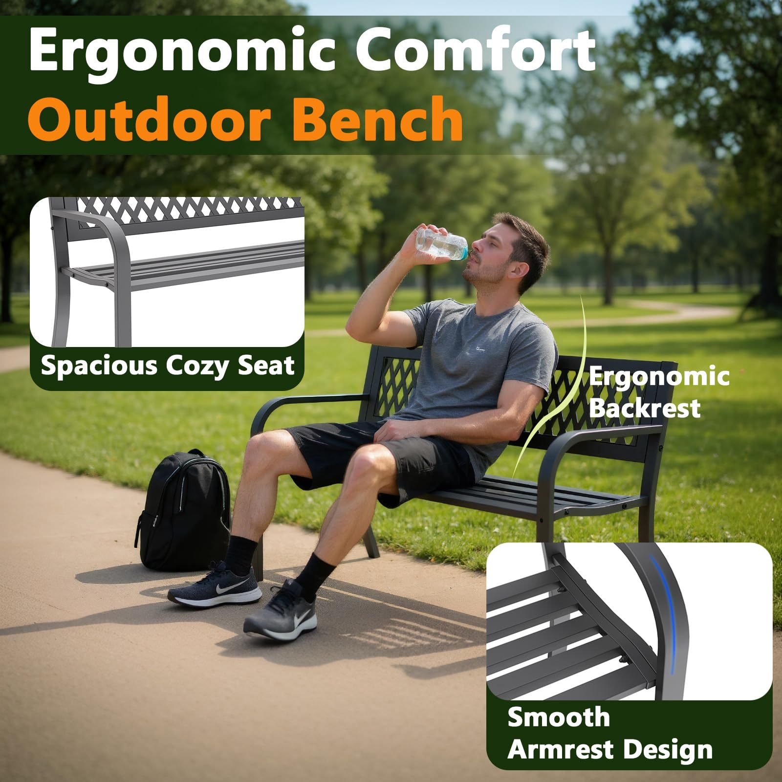 Outdoor Bench, Garden Patio Park Entryway Metal Bench with Comfortable Backrest, Sturdy Heavy Duty Loveseat Front Porch Backyard Lawn Furniture for Outside