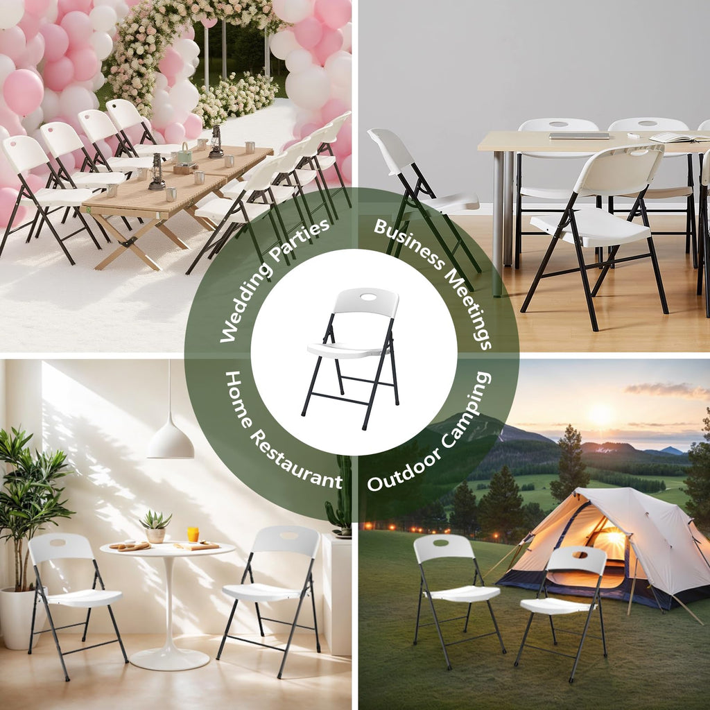 MAKE CHANGES Folding Chair 4 Pack, Outdoor Plastic Sturdy Metal White Folding Chairs for Outside Indoor, Portable 350 lbs Capacity Heavy Duty Foldable Commercial Seating for Picnic, Party, Patio