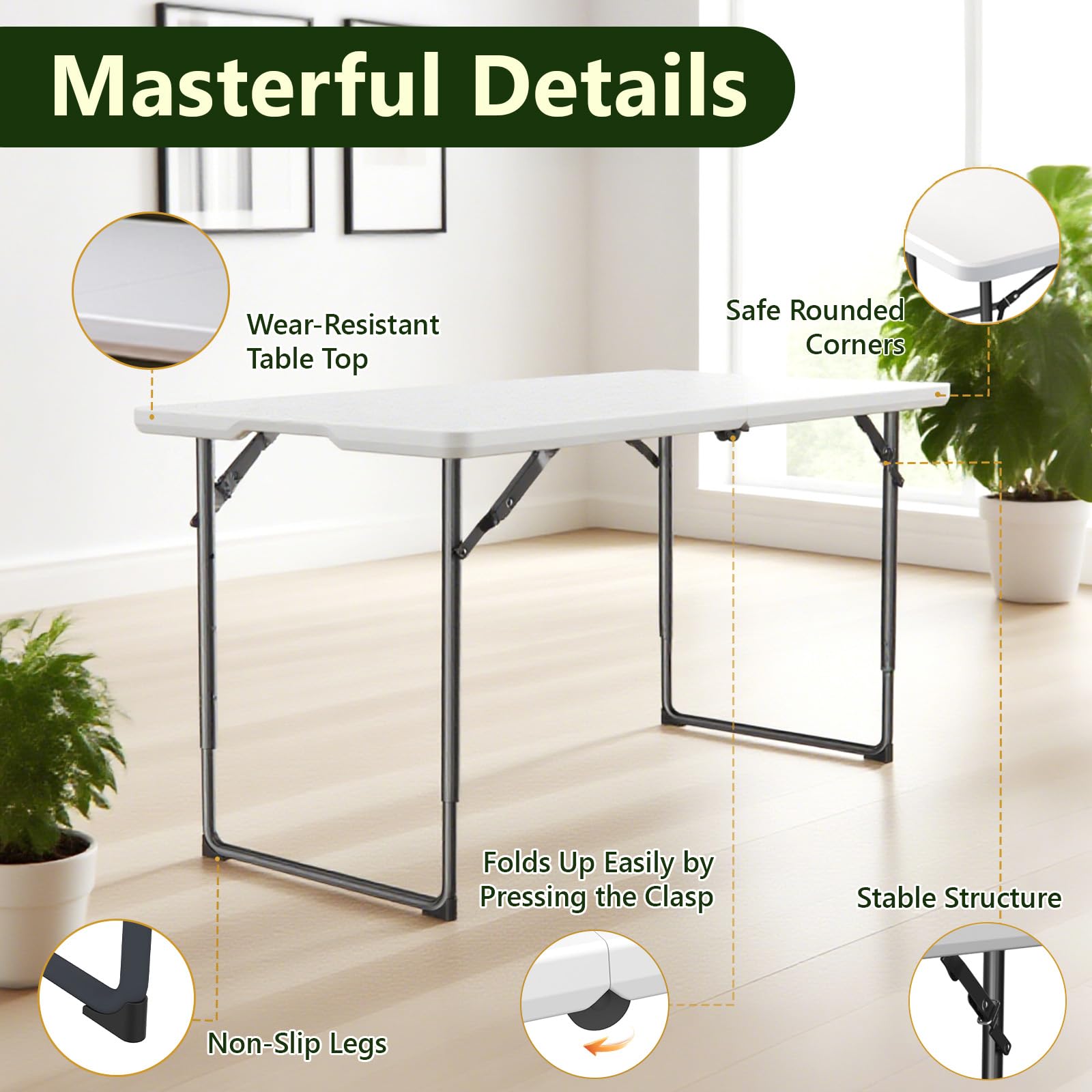 Folding Table 4ft - Heavy Duty Fold-in-Half Plastic Table with Adjustable Height, Portable Utility Tables with Steel Legs for Indoor, Outdoor, Picnic, Camping, Dining, Party (White)