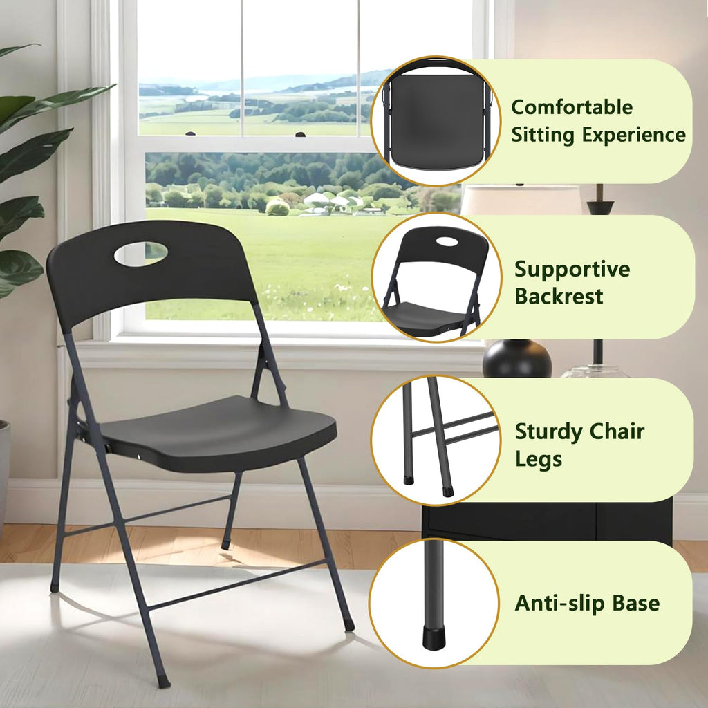 Folding Chair 4 Pack, Outdoor Plastic Sturdy Metal Folding Chairs for Outside Indoor, Portable 350 lbs Capacity Heavy Duty Foldable Commercial Seating for Picnic, Party, Patio, Office
