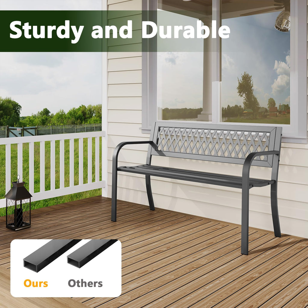 Outdoor Bench, Garden Patio Park Entryway Metal Bench with Comfortable Backrest, Sturdy Heavy Duty Loveseat Front Porch Backyard Lawn Furniture for Outside