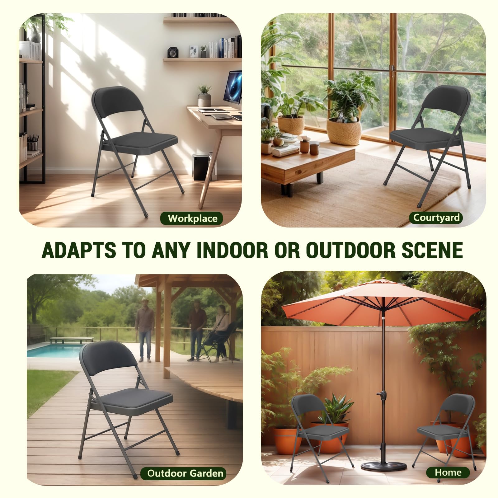 Folding Chair 4 Pack, Comfy PU Leather Padded Folding Chairs for Outside and Indoor, Heavy Duty Portable Foldable Metal Commercial Seat for Home Office, Dorm, Party, Backyard, Lawn, Patio