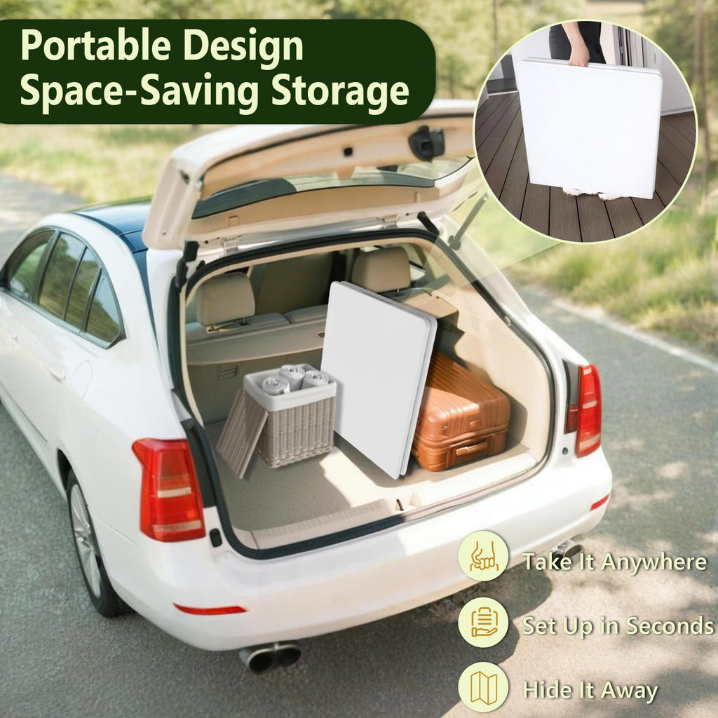 Folding Table 4ft - Heavy Duty Fold-in-Half Plastic Table with Adjustable Height, Portable Utility Tables with Steel Legs for Indoor, Outdoor, Picnic, Camping, Dining, Party (White)