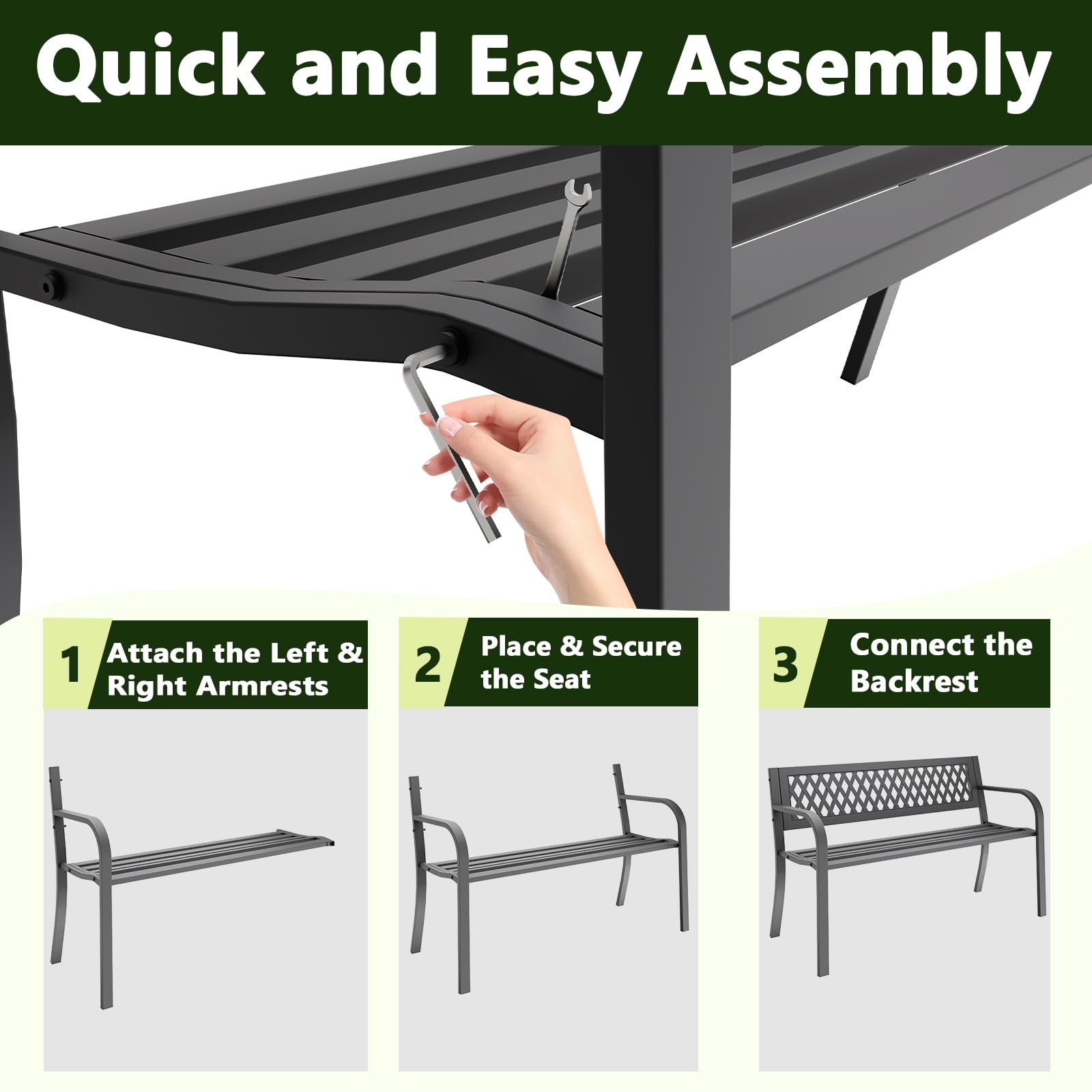 Outdoor Bench, Garden Patio Park Entryway Metal Bench with Comfortable Backrest, Sturdy Heavy Duty Loveseat Front Porch Backyard Lawn Furniture for Outside