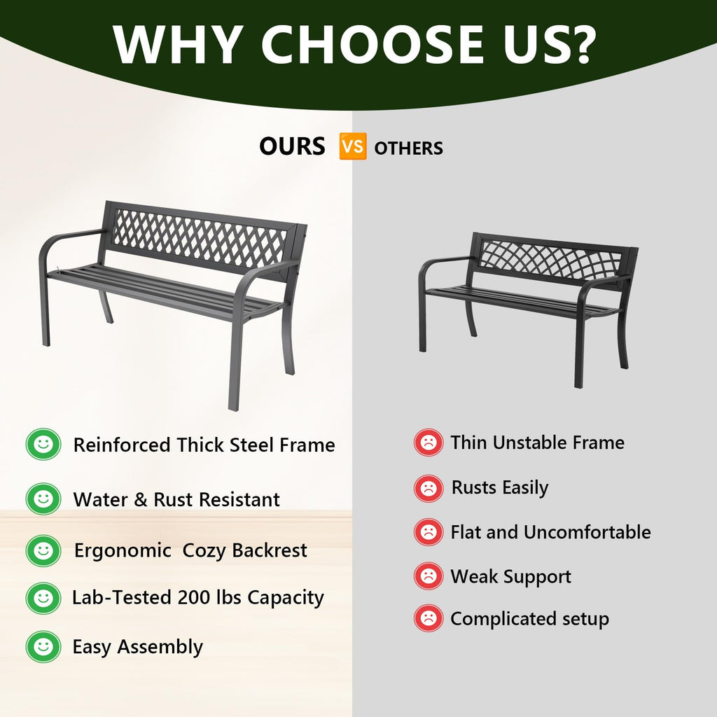 Outdoor Bench, Garden Patio Park Entryway Metal Bench with Comfortable Backrest, Sturdy Heavy Duty Loveseat Front Porch Backyard Lawn Furniture for Outside