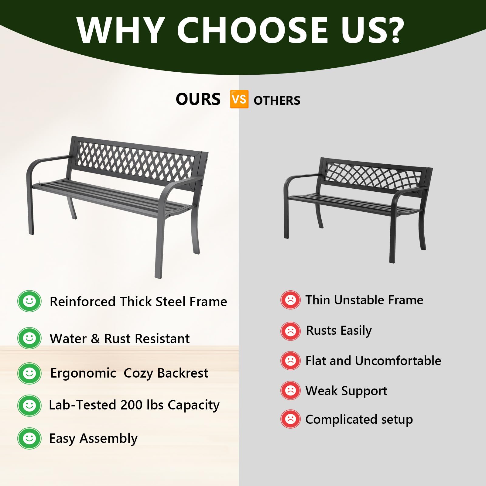 Outdoor Bench, Garden Patio Park Entryway Metal Bench with Comfortable Backrest, Sturdy Heavy Duty Loveseat Front Porch Backyard Lawn Furniture for Outside